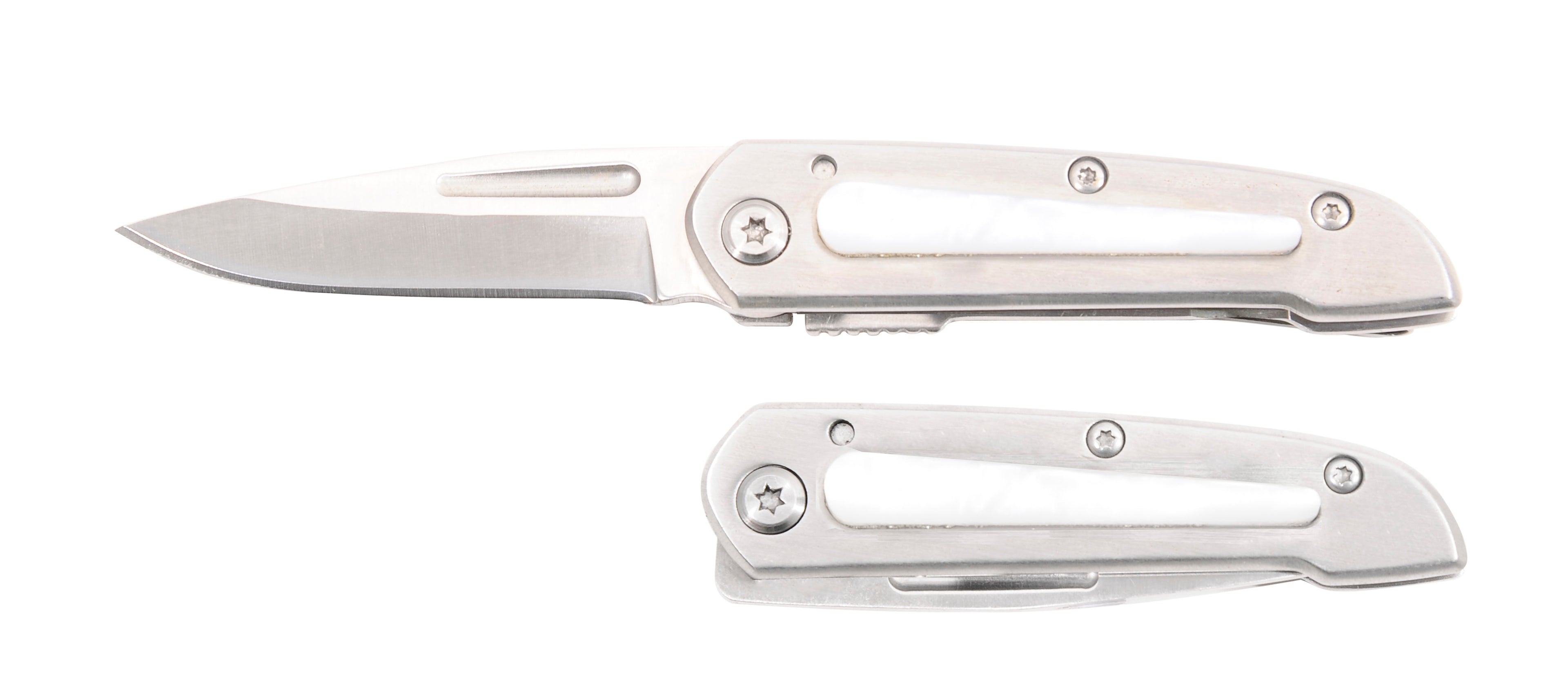 440A, 2-1/4" Folding Blade Pocket Knife, Stainless Steel Handle w/White Pearl Acrylic Inlay